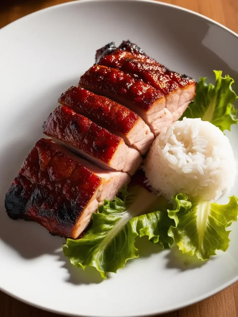 a plate with sliced char siu pork, a scoop of white rice, and lettuce leaves. the pork has a glossy, reddish-brown glaze. the rice is round and tightly packed. the lettuce leaves are green and crisp. the plate is white and round. the background is a wooden surface