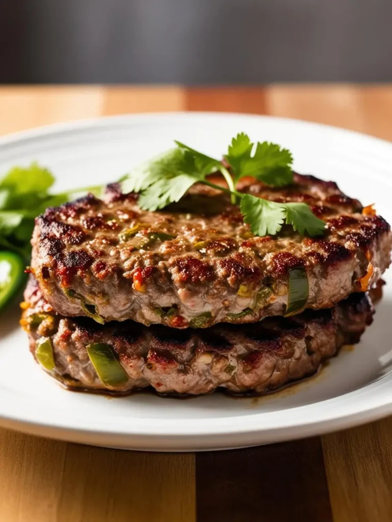 two cooked burger patties stacked on a white plate, showing visible flecks of green peppers and red spices. a sprig of cilantro sits on top. blurred green leaves and a wooden surface are visible in the background, suggesting a natural setting. the patties appear grilled or pan-fried with a slightly browned surface