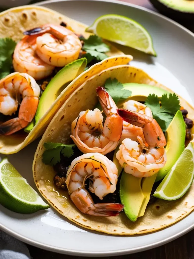 two shrimp tacos on a white plate. the tacos include cooked shrimp, avocado slices, cilantro, and lime wedges. the shrimp are pink and curled. the avocado is green and sliced. the lime wedges are bright green. the tortillas are light yellow. the plate is round and white