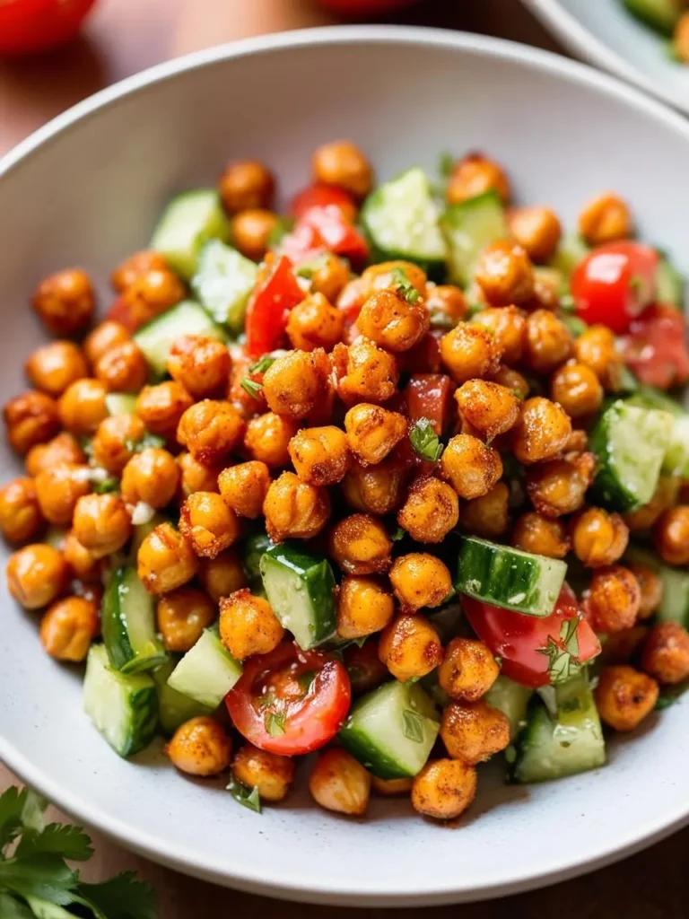 A vibrant and flavorful chickpea salad. Crispy roasted chickpeas are tossed with fresh cucumbers, tomatoes, and a sprinkle of herbs. The colors and textures create a visually appealing and delicious dish.