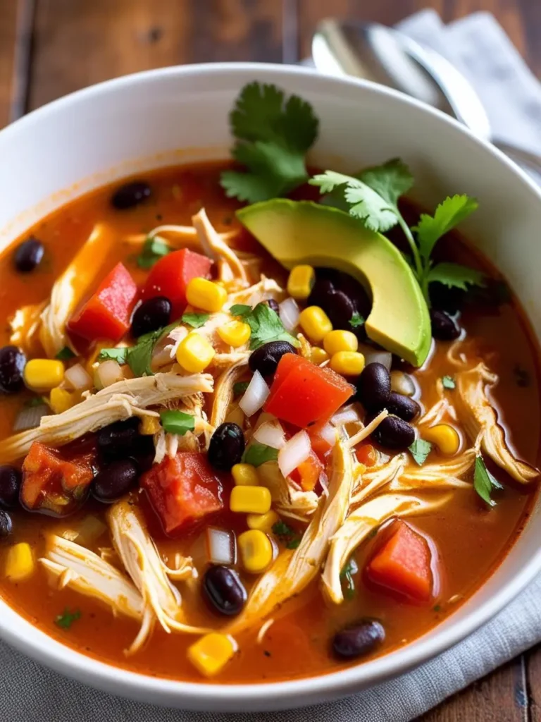 A bowl of steaming chicken tortilla soup. The soup is filled with shredded chicken, black beans, corn, tomatoes, and a hint of avocado. The image evokes the aroma of spices and the promise of a warm and flavorful meal.