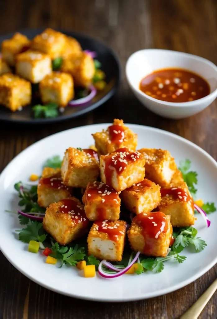 a white plate holds several cooked tofu cubes, browned and drizzled with a red sauce and sesame seeds, resting on a bed of greens and vegetables. a black plate with more tofu cubes and a white bowl with sauce are visible in the background. the tofu appears to be crispy and flavorful