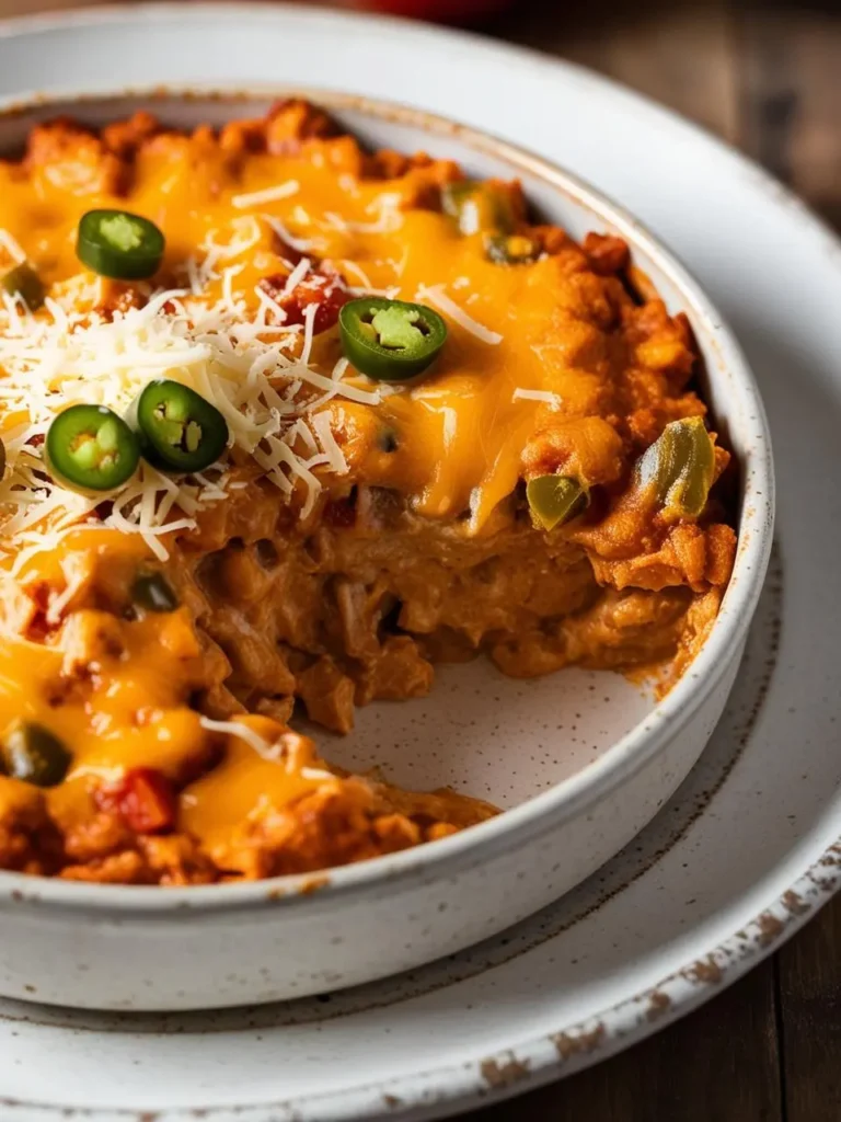 A cheesy, baked dish with a golden crust. The dish appears to be a casserole with a creamy, possibly cheesy, filling. It's topped with shredded cheese, sliced jalapeños, and a sprinkle of paprika. The dish looks warm, inviting, and perfect for a comforting meal.