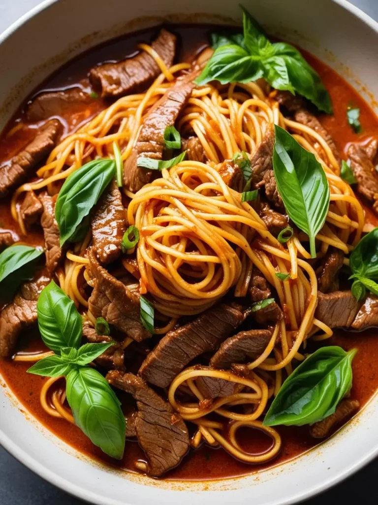 A bowl of savory beef and pasta. Tender slices of beef are nestled amongst strands of spaghetti, all swimming in a rich, red sauce. Fresh basil leaves and chopped green onions garnish the dish, adding a touch of freshness and color. The image evokes the aroma of savory spices and the promise of a delicious and satisfying meal.