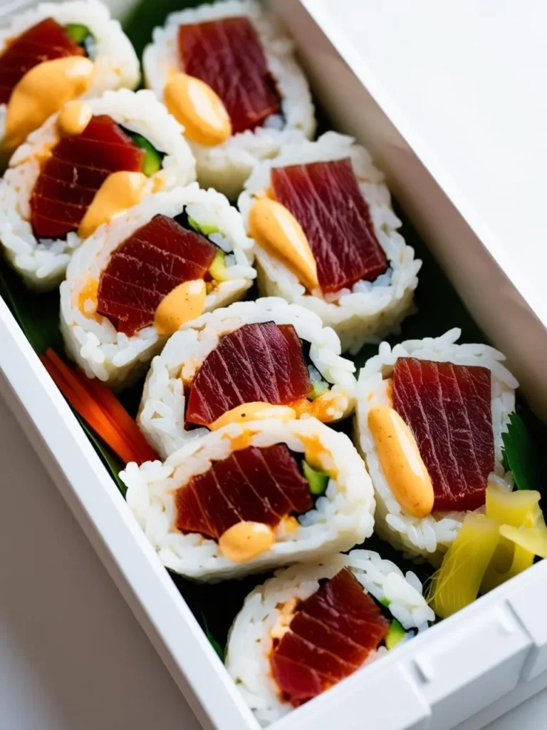 A close-up shot of a sushi bento box filled with tuna rolls. The rolls are topped with slices of deep red tuna and a dollop of orange sauce.  Pickled ginger and other garnishes are visible in the corners of the box.  The image suggests a delicious and convenient meal, ready to be enjoyed.