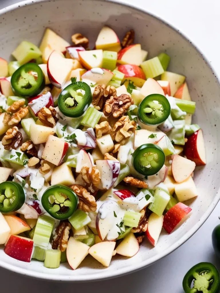 A bowl of Waldorf salad with a spicy twist! It's a classic mix of chopped apples, celery, and walnuts, but this version adds a kick with sliced jalapeños for a unique flavor. The salad is tossed in a creamy dressing and looks refreshing and delicious.