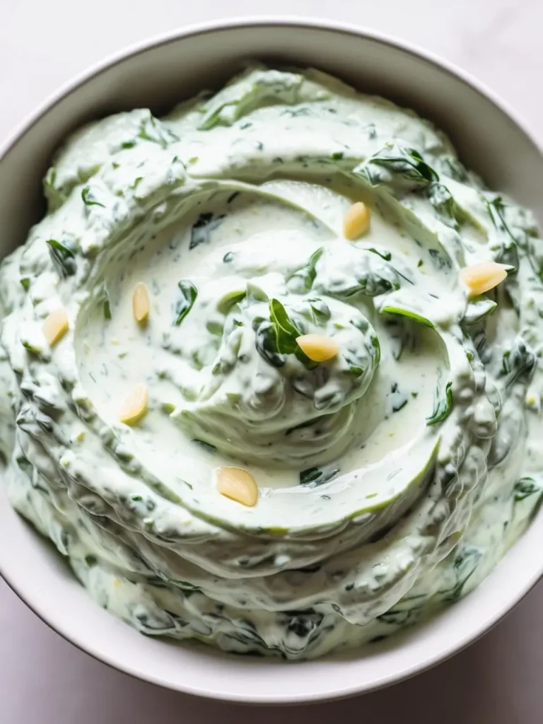 A bowl of creamy, vibrant green spinach dip. The dip has a smooth, swirled texture and is speckled with chopped garlic and pine nuts. The dip looks incredibly appetizing and perfect for a party or gathering.