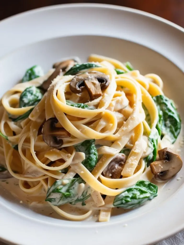 A plate of creamy fettuccine alfredo with sautéed mushrooms and spinach. The pasta is coated in a rich, buttery sauce and garnished with fresh parsley. The image evokes the comfort and warmth of a delicious Italian meal.