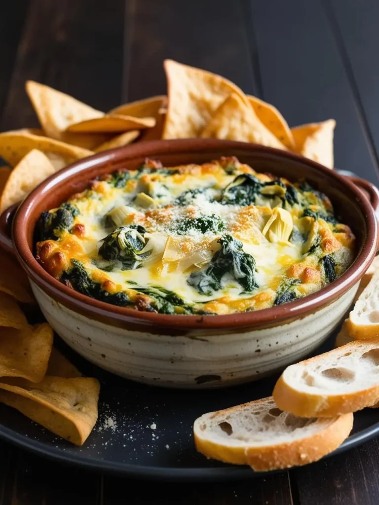 A warm, bubbling bowl of spinach and artichoke dip, ready to serve. The dip is topped with melted cheese and surrounded by a pile of tortilla chips and slices of crusty bread. The image evokes the comforting flavors and the promise of a delicious party snack.