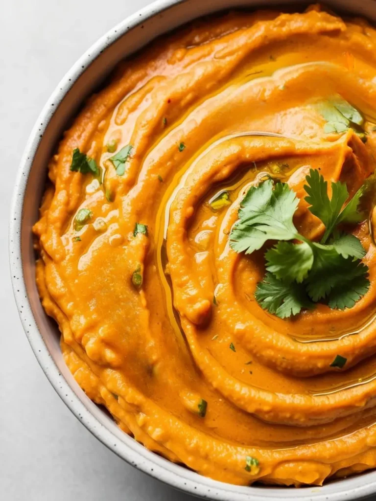 a close-up shot of a bowl filled with mashed sweet potatoes, swirled and garnished with cilantro. the sweet potatoes have a vibrant orange color, and the cilantro adds a pop of green. the bowl sits on a light surface, and the image is well-lit, showcasing the dish's texture and presentation