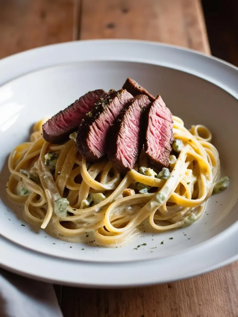 A plate of creamy pasta with seared steak. Long, thin pasta strands are coated in a creamy sauce and topped with slices of perfectly seared steak. The dish looks incredibly appetizing and perfect for a satisfying meal.