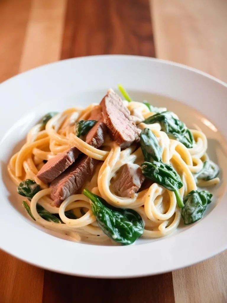 A plate of creamy pasta with tender slices of pork tenderloin. The pasta is coated in a rich, creamy sauce and mixed with fresh spinach leaves. The dish looks incredibly appetizing and perfect for a satisfying meal.