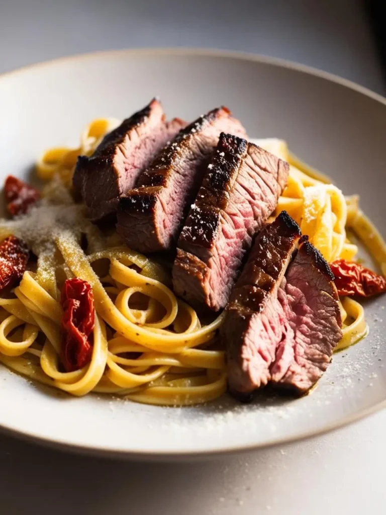 A plate of fettuccine pasta with sliced steak. The pasta is coated in a creamy sauce and topped with perfectly seared steak. Sun-dried tomatoes and grated Parmesan cheese add color and texture to the dish. It looks incredibly appetizing and perfect for a satisfying meal.