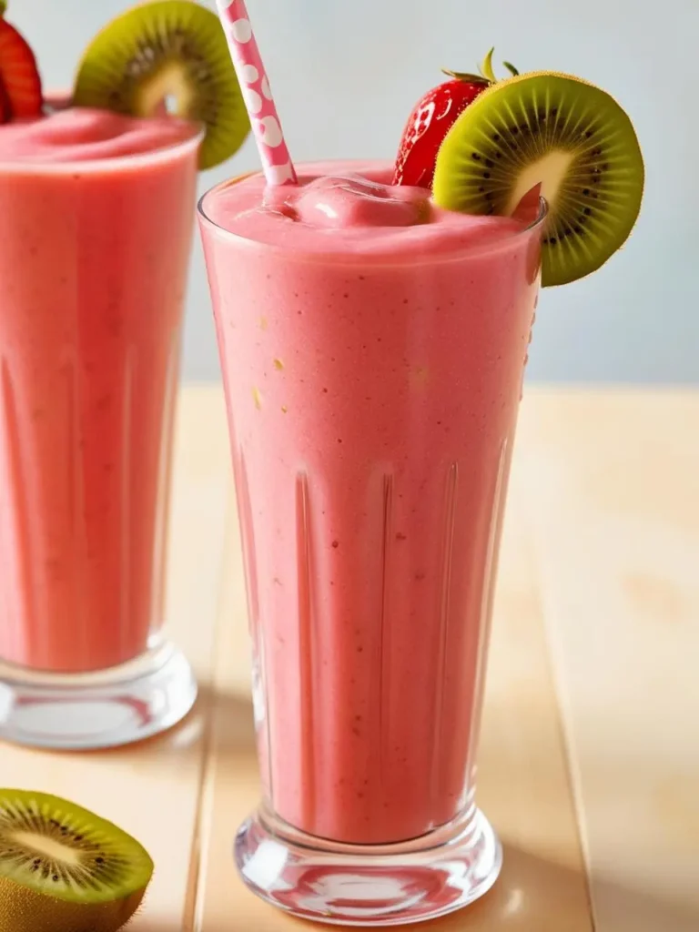 two tall glasses filled with a vibrant pink smoothie sit on a light wooden surface. each glass is garnished with a strawberry and a slice of kiwi. a pink and white striped straw sticks out from the smoothie in the foreground, which is in sharp focus. the background glass is slightly blurred