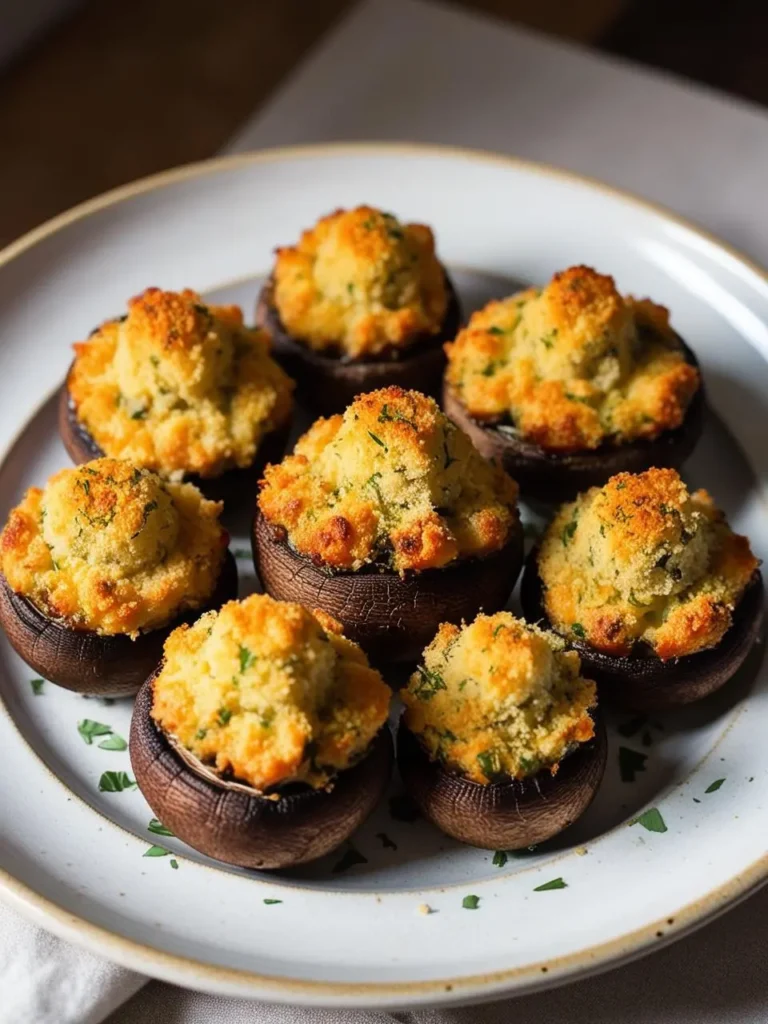 A plate of savory stuffed mushrooms. Each mushroom cap is filled with a creamy mixture and topped with a golden-brown breadcrumb topping. Fresh parsley adds a touch of color and freshness. The image evokes the aroma of garlic and cheese, and the promise of a delicious appetizer.