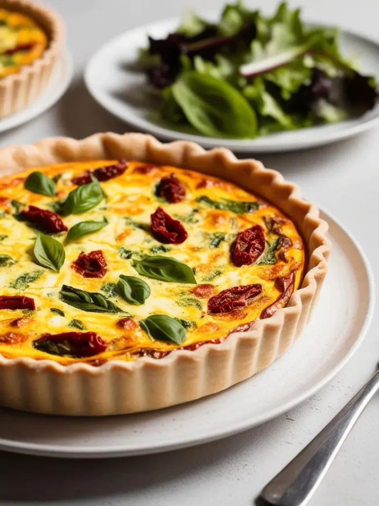 a close-up of a quiche on a white plate. the quiche has a golden crust and is filled with eggs, spinach, and sun-dried tomatoes. fresh basil leaves are scattered on top. a salad plate and another quiche are blurred in the background. a fork is visible in the bottom right corner