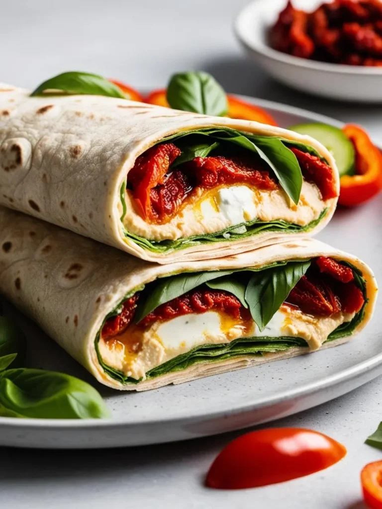 two wraps stacked on a gray plate. the wraps are filled with hummus, white cheese, sun-dried tomatoes, and basil leaves. a bowl with red food is blurred in the background. a red pepper half and tomato slices are visible around the plate. the wraps have a light-colored tortilla