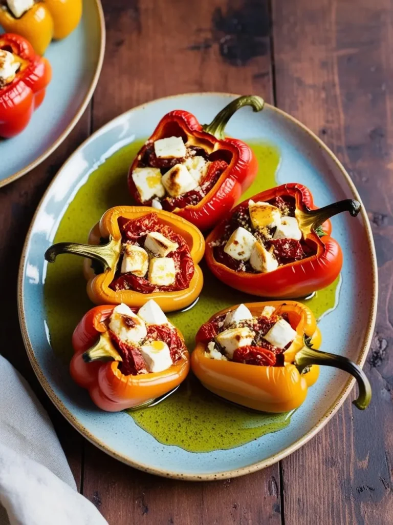 a plate of roasted bell peppers stuffed with feta cheese. the peppers are red and yellow, arranged on a blue plate with a light green sauce. another plate with more peppers is partially visible in the upper left corner. a white cloth is in the lower left. the table is dark wood