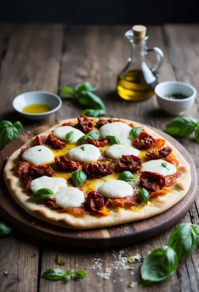 A rustic wooden table with a freshly baked flatbread topped with sun-dried tomatoes and melted mozzarella, surrounded by scattered ingredients like basil and olive oil