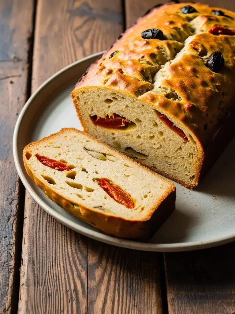 a loaf of sun-dried tomato and olive bread on a speckled plate. a slice is cut and placed next to the loaf. the bread has a golden crust with visible tomatoes and olives. the plate is placed on a wooden table with visible grain. the bread appears rustic and homemade