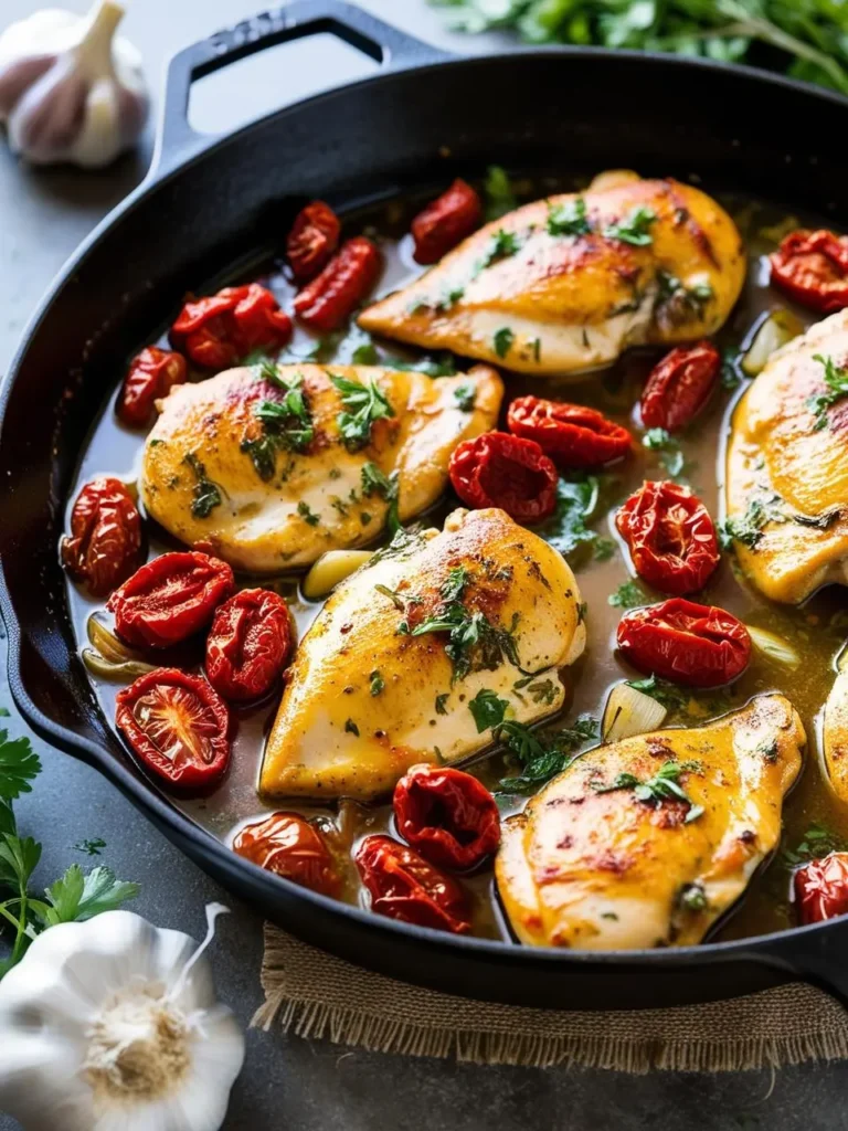 A cast-iron skillet filled with a vibrant and flavorful one-pan meal. Juicy chicken breasts are simmering in a sauce of tomatoes, garlic, and herbs. The dish looks incredibly appetizing and perfect for a healthy and satisfying meal.