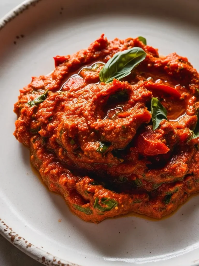 a close-up of sun-dried tomato pesto on a speckled plate. the pesto is a deep red color with visible pieces of tomato and basil leaves. a pool of olive oil surrounds the pesto. the plate is round and has a textured rim. the background is blurred. the pesto appears thick and rich