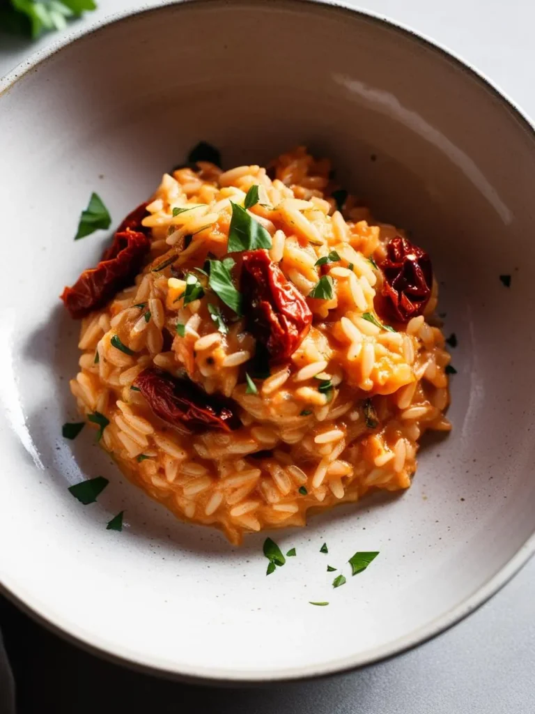 a bowl of tomato orzo pasta. the orzo is cooked and mixed with a tomato sauce. sun-dried tomatoes and chopped parsley are visible. the bowl is speckled and has a light rim. the background is a gray surface. a few parsley leaves are scattered around the bowl. the pasta appears creamy