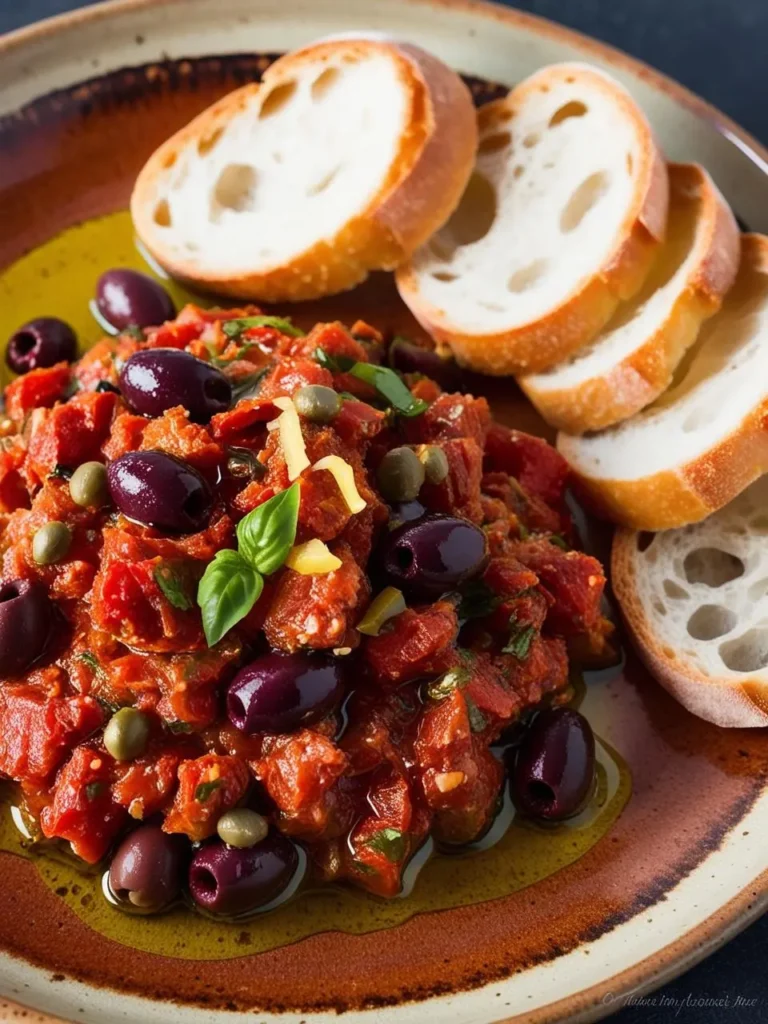 a plate of caponata with sliced bread. the caponata is a mix of tomatoes, olives, capers, and herbs. the bread slices are lightly toasted. a pool of olive oil surrounds the caponata. the plate is brown with a speckled pattern. a small tag is visible in the bottom right corner