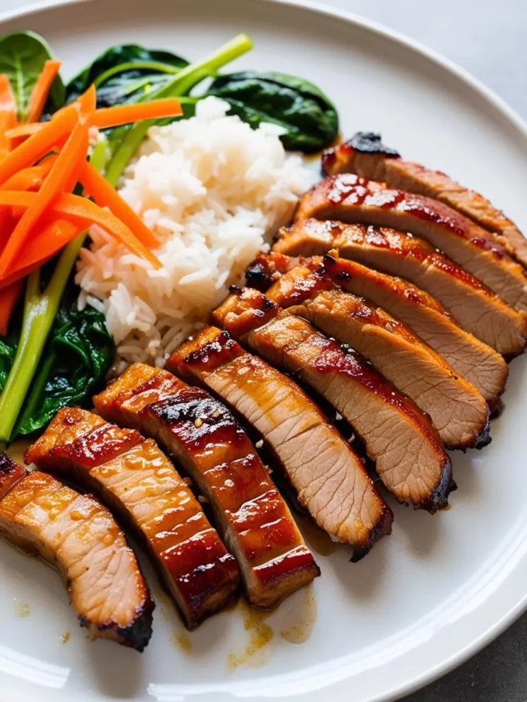 a white plate with sliced char siu pork, a scoop of white rice, carrots, and spinach. the pork has a glossy, reddish-brown glaze and is sliced into thick pieces. the rice is round and tightly packed. the carrots are orange and julienned. the spinach is green and leafy. the plate is round and white