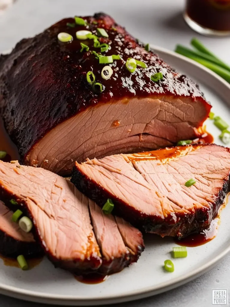 A plate of sliced ham glazed with a sweet and savory sauce. The ham is tender and juicy, with a beautiful pink color. The sauce adds a touch of sweetness and a hint of spice. The image is garnished with chopped green onions, adding a touch of freshness and color. The dish looks incredibly appetizing and perfect for a holiday meal.