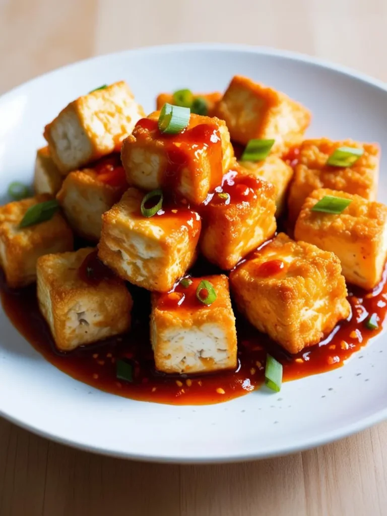 a white plate holds cooked tofu cubes, browned and drizzled with a red sauce and garnished with green onions. the tofu cubes are arranged in a stack, and the sauce adds a glossy sheen. the plate sits on a wooden surface, and the tofu appears to be crispy and flavorful. the image is shot from a low angle