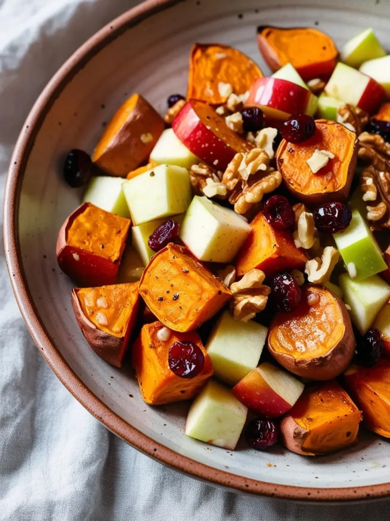 a bowl of sweet potato and apple salad. the salad includes roasted sweet potato chunks, chopped apples, walnuts, and dried cranberries. the bowl is speckled and has a brown rim. the salad is colorful and looks fresh. a light-colored cloth is visible in the bottom left corner