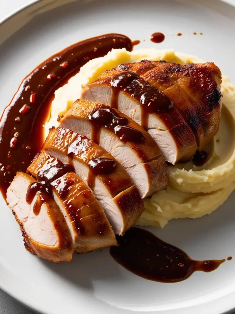 A plate of sliced pork tenderloin with mashed potatoes and sauce.  The pork is cooked to a light golden brown and sliced, revealing a juicy interior. It's arranged over a bed of creamy mashed potatoes and drizzled with a rich, dark sauce.  The plate is simple and elegant, highlighting the tender pork and its accompaniments.