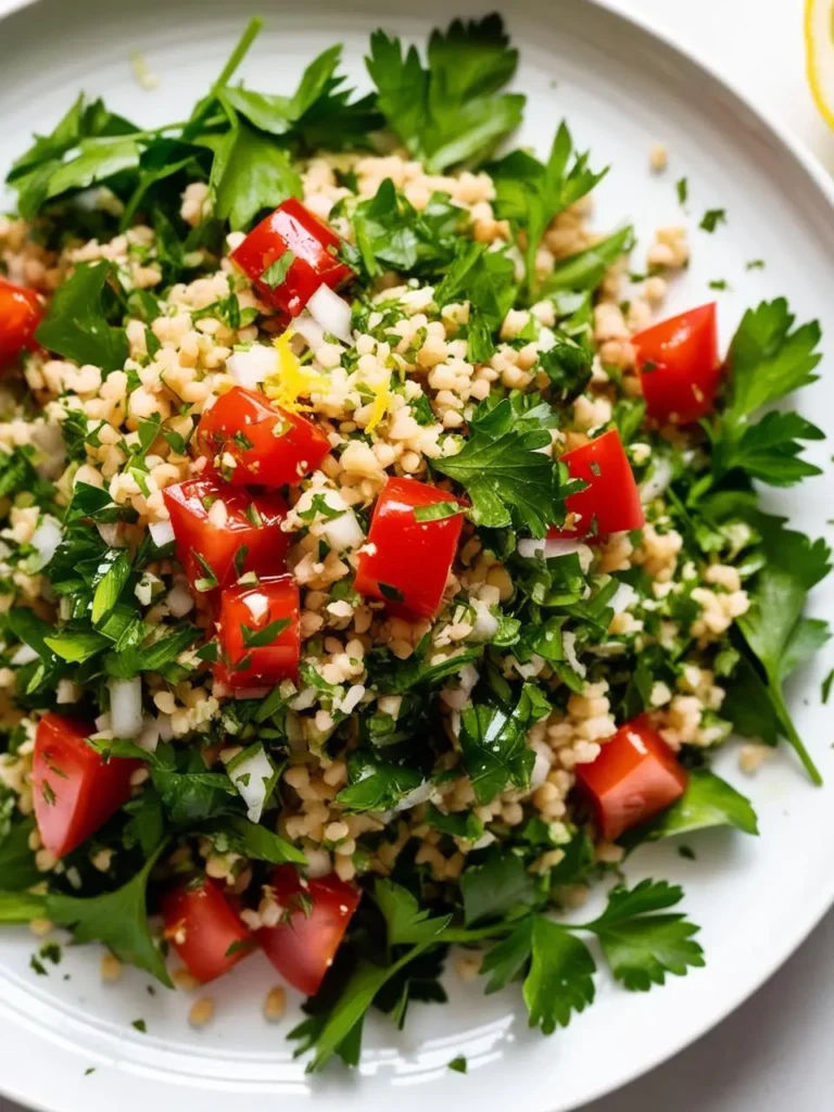 A vibrant bowl of Tabbouleh salad. The salad is a colorful mix of parsley, tomatoes, bulgur, and onion, all tossed with lemon juice and olive oil. The image evokes the freshness of the ingredients and the promise of a light and flavorful dish.