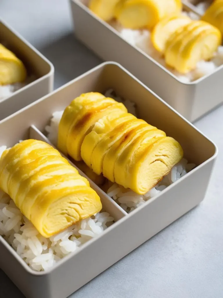 Three neatly arranged bento boxes feature sliced omelette rolls over beds of white rice. The omelettes have a gradient yellow color and are symmetrically placed, creating a visually appealing and simple meal presentation. The boxes have light grey lids and compartments.