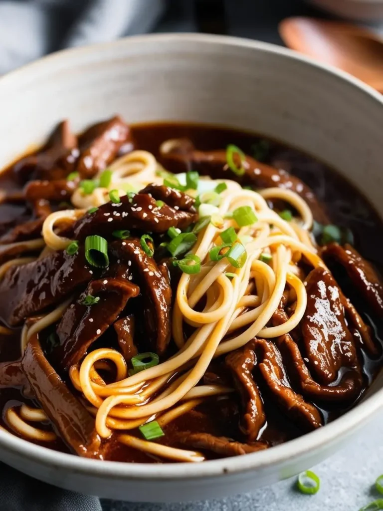 A bowl of savory beef noodle soup. Tender slices of beef are nestled amongst a bed of noodles, all swimming in a rich, dark broth. The soup is garnished with chopped green onions, adding a touch of freshness and color. The image evokes the aroma of savory spices and the promise of a warm and satisfying meal.