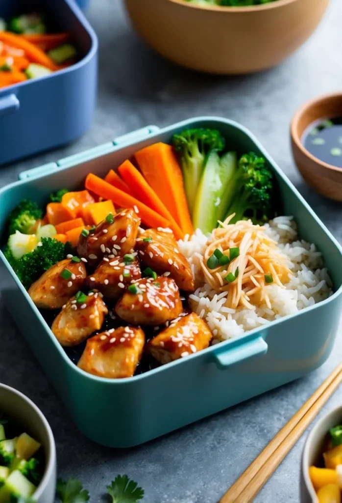 A bento box filled with colorful teriyaki chicken, rice, and assorted vegetables arranged in an aesthetically pleasing manner