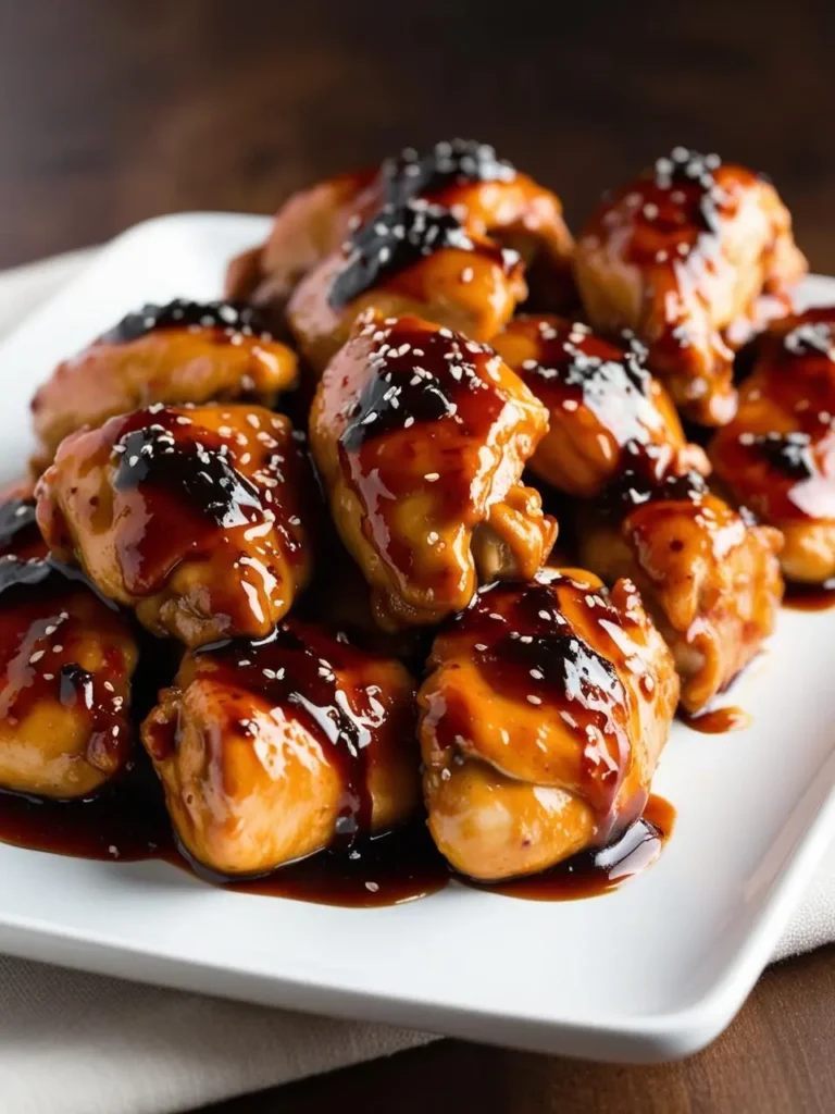 A platter of succulent chicken thighs glazed with a rich, sticky sauce. The sauce appears to be a teriyaki glaze, giving the chicken a beautiful golden-brown color. Sesame seeds are sprinkled on top for added texture and flavor. The dish looks incredibly appetizing and perfect for a flavorful meal.