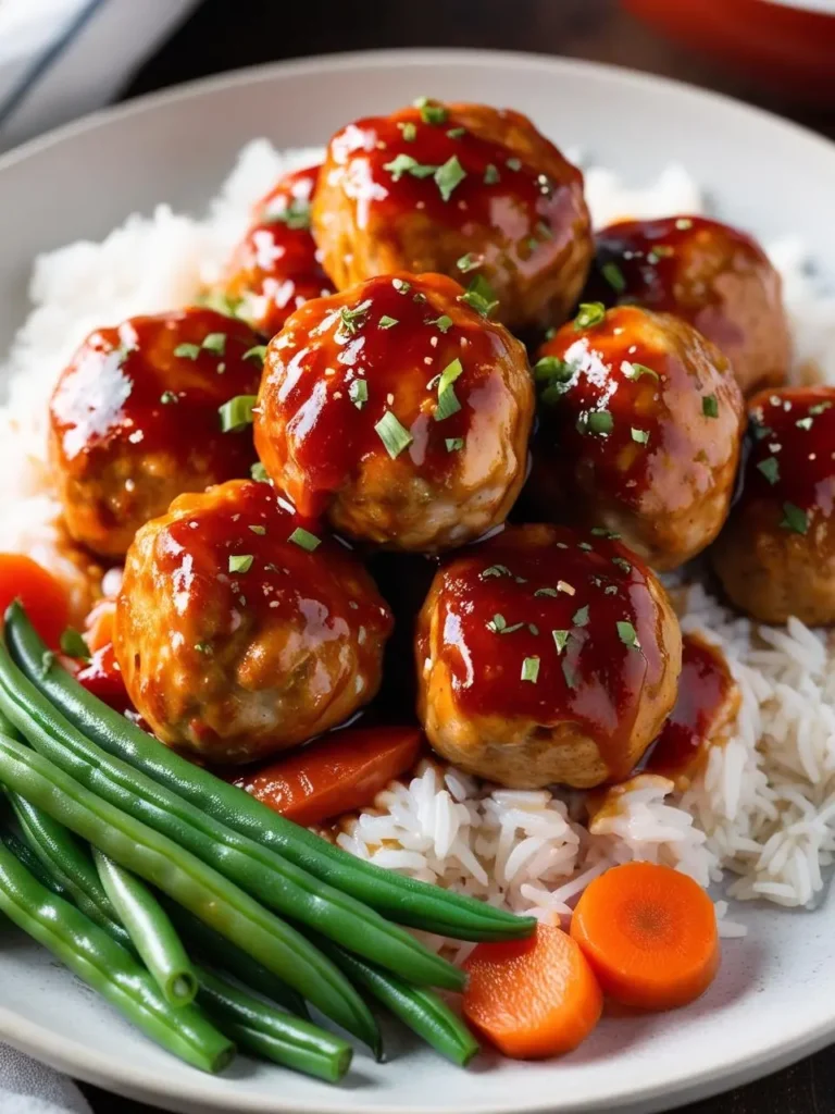 A plate of glazed meatballs served over a bed of white rice and a side of green beans and carrots. The meatballs are coated in a rich, glossy sauce and garnished with fresh chives. The image evokes the aroma of savory spices and the promise of a hearty and satisfying meal.