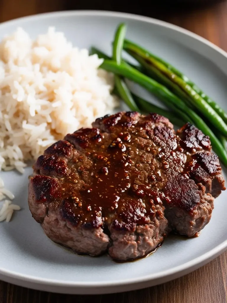 a gray plate holds a cooked hamburger steak, browned and glazed, alongside a scoop of white rice and a few green beans. the steak is thick and appears juicy, and the glaze adds a glossy sheen. the plate sits on a wooden surface, and the meal appears to be flavorful and well-prepared