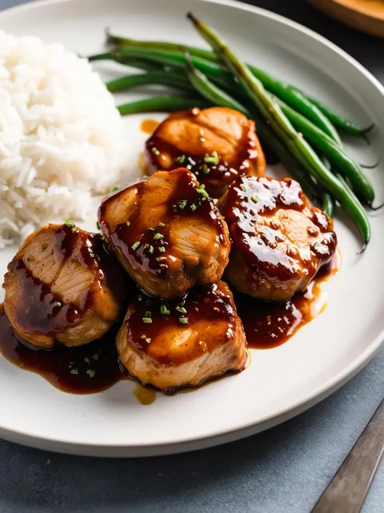 a white plate holds cooked pork medallions, glazed with a dark sauce and garnished with green onions, accompanied by rice and green beans. the medallions are browned and appear to be juicy, and the sauce adds a rich, flavorful element. the plate sits on a light surface, and a knife is visible in the bottom right corner