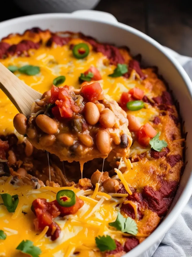 a white oval dish holds a cheesy bean casserole, topped with melted cheese, diced tomatoes, and jalapeño slices. a wooden spoon scoops a portion of the casserole, revealing the beans and sauce. the dish sits on a light surface with a gray cloth. the image is shot from a low angle