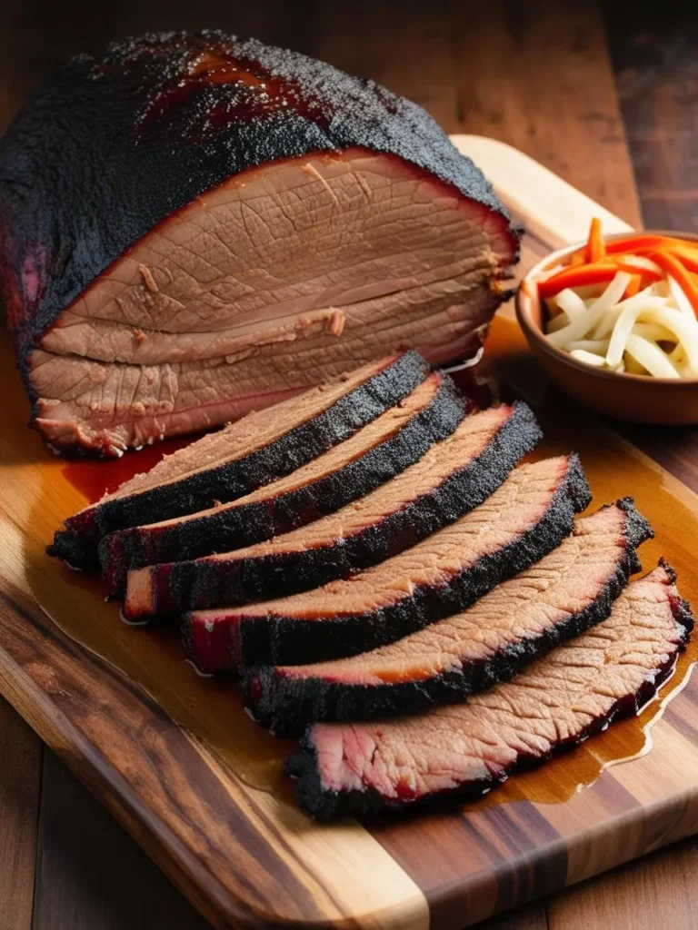 A perfectly smoked brisket, sliced and arranged on a wooden board. The brisket has a beautiful mahogany color and is sliced to reveal its tender, juicy interior. A side dish of pickled vegetables adds a touch of color and freshness. The image evokes the aroma of smoky barbecue and the promise of a delicious meal.