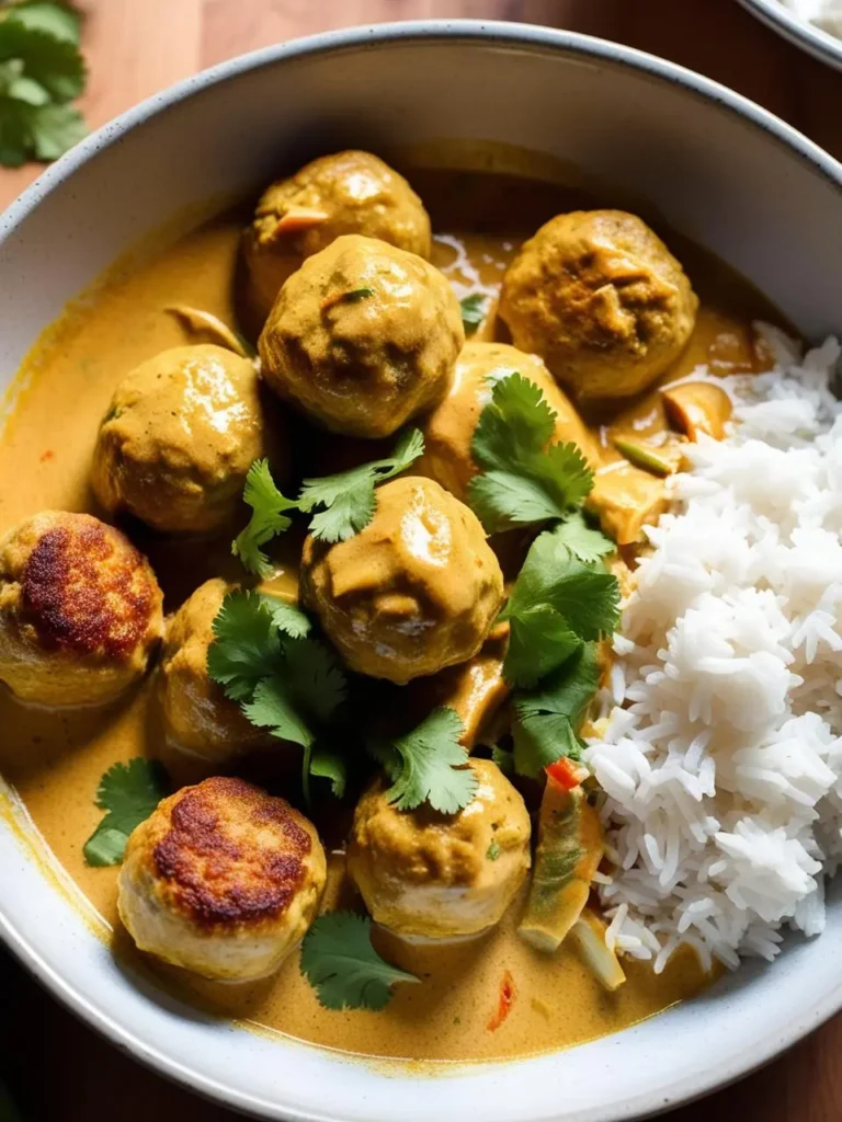 A bowl of flavorful chicken meatballs simmering in a rich, golden curry sauce. The meatballs are nestled on a bed of fluffy white rice and garnished with fresh cilantro. The image evokes the aroma of exotic spices and the promise of a delicious and satisfying meal.