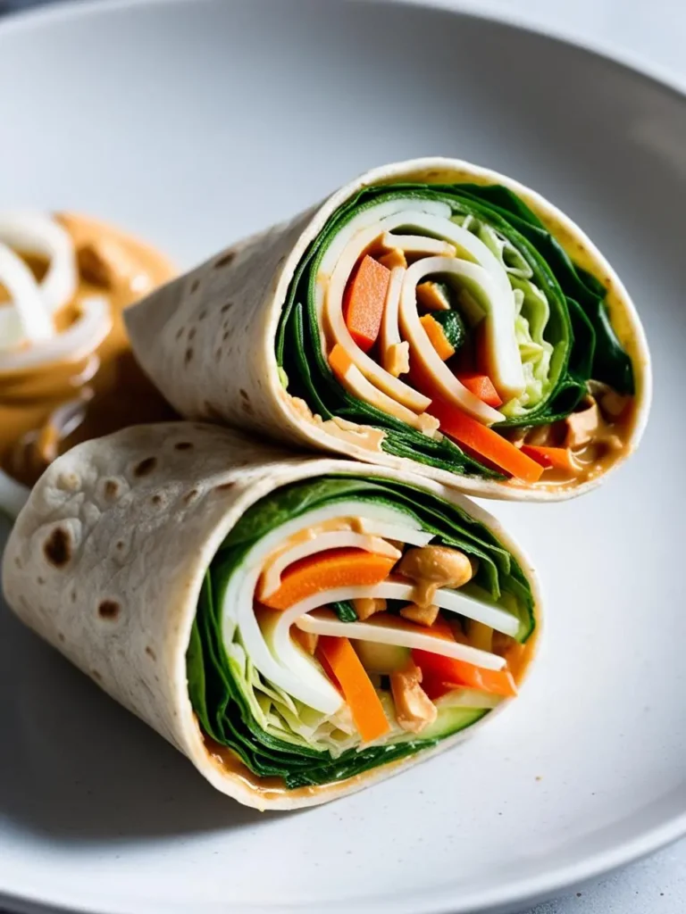 two veggie wraps stacked on a light gray plate. the wraps are filled with lettuce, carrots, cucumbers, and white vegetables, possibly bean sprouts. a small dish with a peanut-based sauce and white onions is visible in the upper left corner. the wraps have a light-colored tortilla