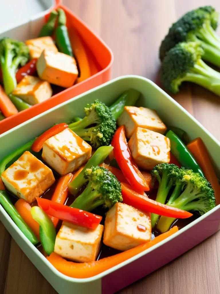 Two lunch boxes filled with a colorful mix of tofu and vegetables.  Each box contains cubes of browned tofu, broccoli florets, sliced carrots, and red and green bell peppers. The image suggests a healthy and balanced meal, ready to be enjoyed on the go.