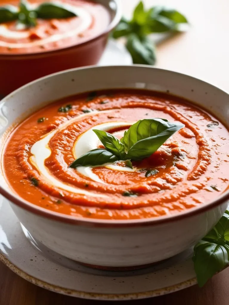 A bowl of creamy tomato soup. The soup is a vibrant red color and is garnished with dollops of sour cream and fresh basil leaves. The image evokes the aroma of simmering tomatoes and the promise of a warm and comforting meal.