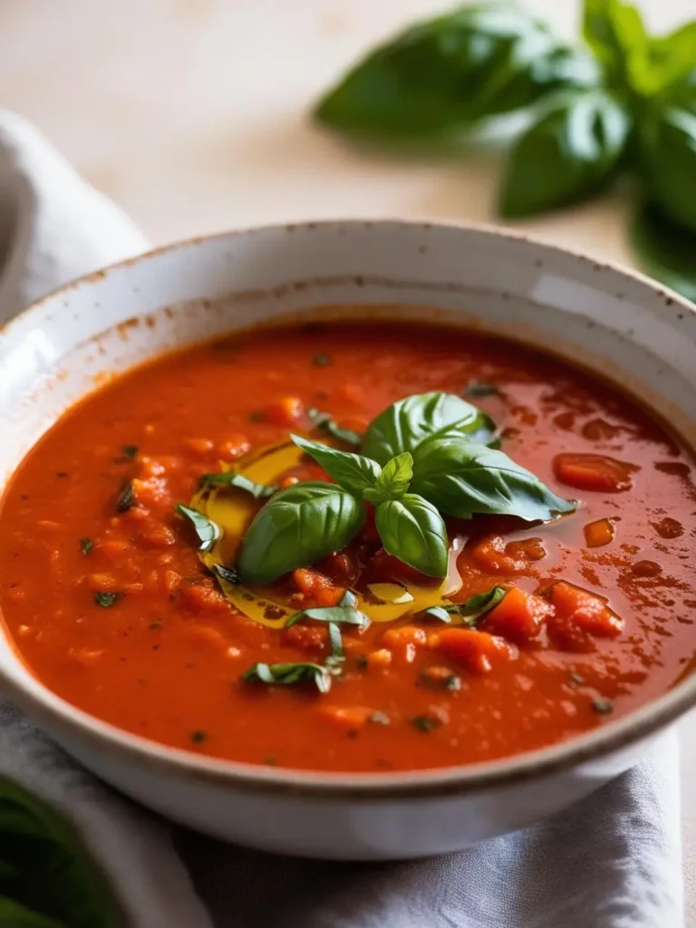 A bowl of vibrant tomato soup garnished with fresh basil leaves and a drizzle of olive oil. The soup has a smooth texture and a rich red color, suggesting a flavorful and satisfying dish. The image evokes the comfort of a warm bowl of soup on a chilly day.