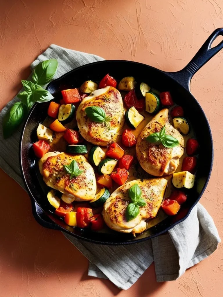 A cast-iron skillet filled with a colorful and delicious one-pan meal. Juicy chicken breasts are nestled amongst roasted vegetables like zucchini, tomatoes, and yellow squash. Fresh basil leaves add a touch of color and aroma. The dish looks incredibly appetizing and perfect for a healthy and satisfying meal.