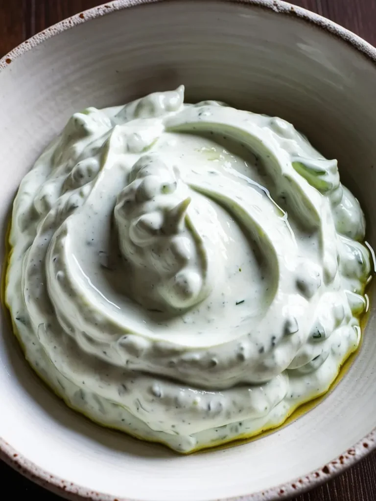 A bowl of creamy, pale green tzatziki. The dip has a smooth, swirled texture and is drizzled with a thin layer of olive oil. The bowl is placed on a wooden surface, creating a rustic and inviting scene. Tzatziki is a refreshing and flavorful dip often served with pita bread or vegetables.